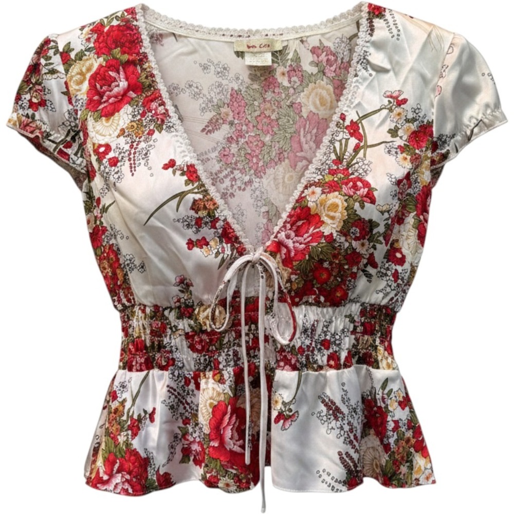 Coquette Peplum Top V-Neck Lace Trim Smocked Waist Red Cream Medium